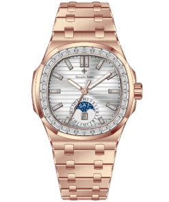 Đồng Hồ Alexander Ferros 6111R-02 Chính Hãng Mạ Vàng Hồng Mặt Trắng Moonphase Đính Đá Baguette 42.5mm