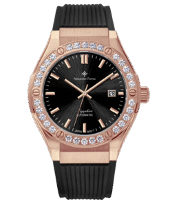Đồng Hồ Alexander Ferros 6161R-01 Chính Hãng Mạ Vàng Hồng Mặt SỐ Màu Đen Viền Đính Đá 42mm